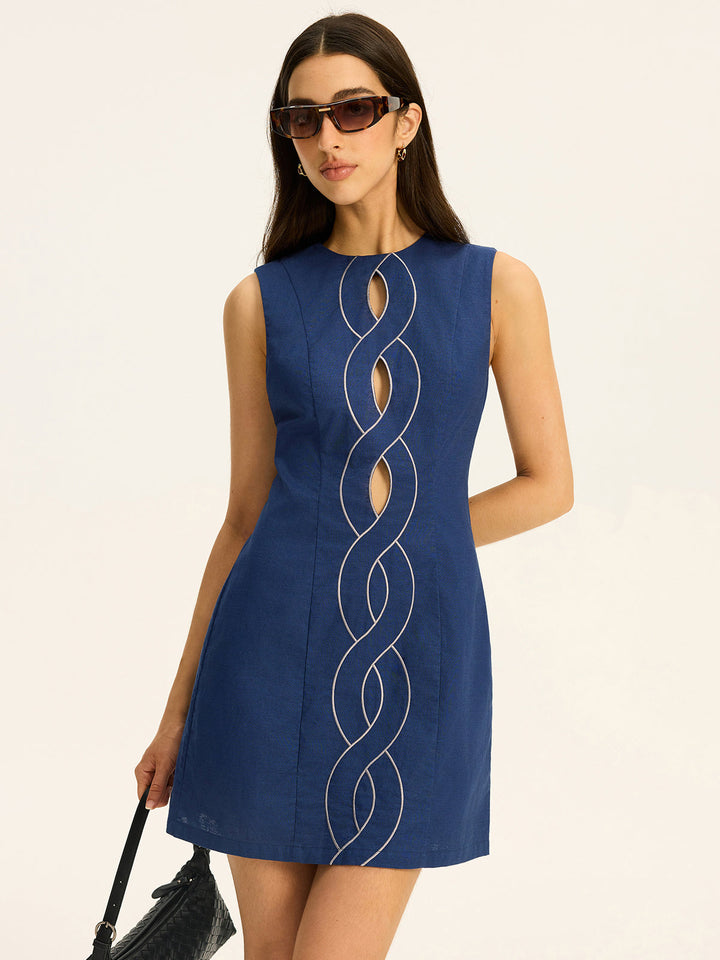 Linen & Cotton Cut-Out Contrast-Stitch Mini Dress  Liora Lane Boutique Dresses