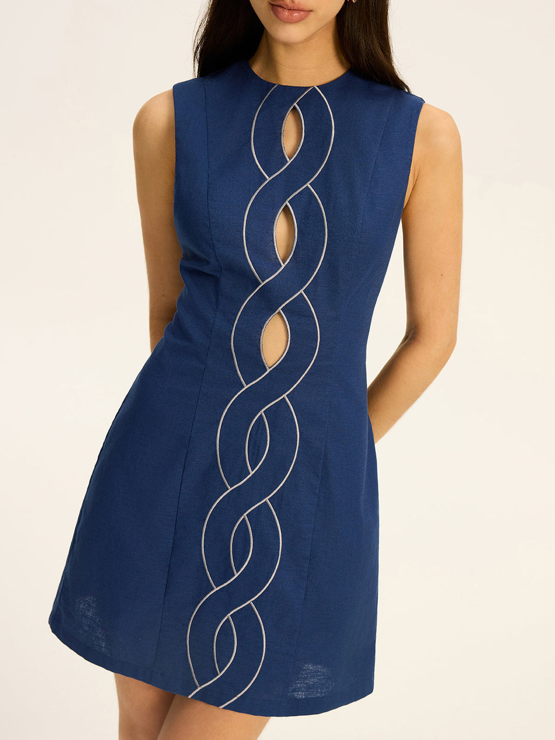 Linen & Cotton Cut-Out Contrast-Stitch Mini Dress  Liora Lane Boutique Dresses