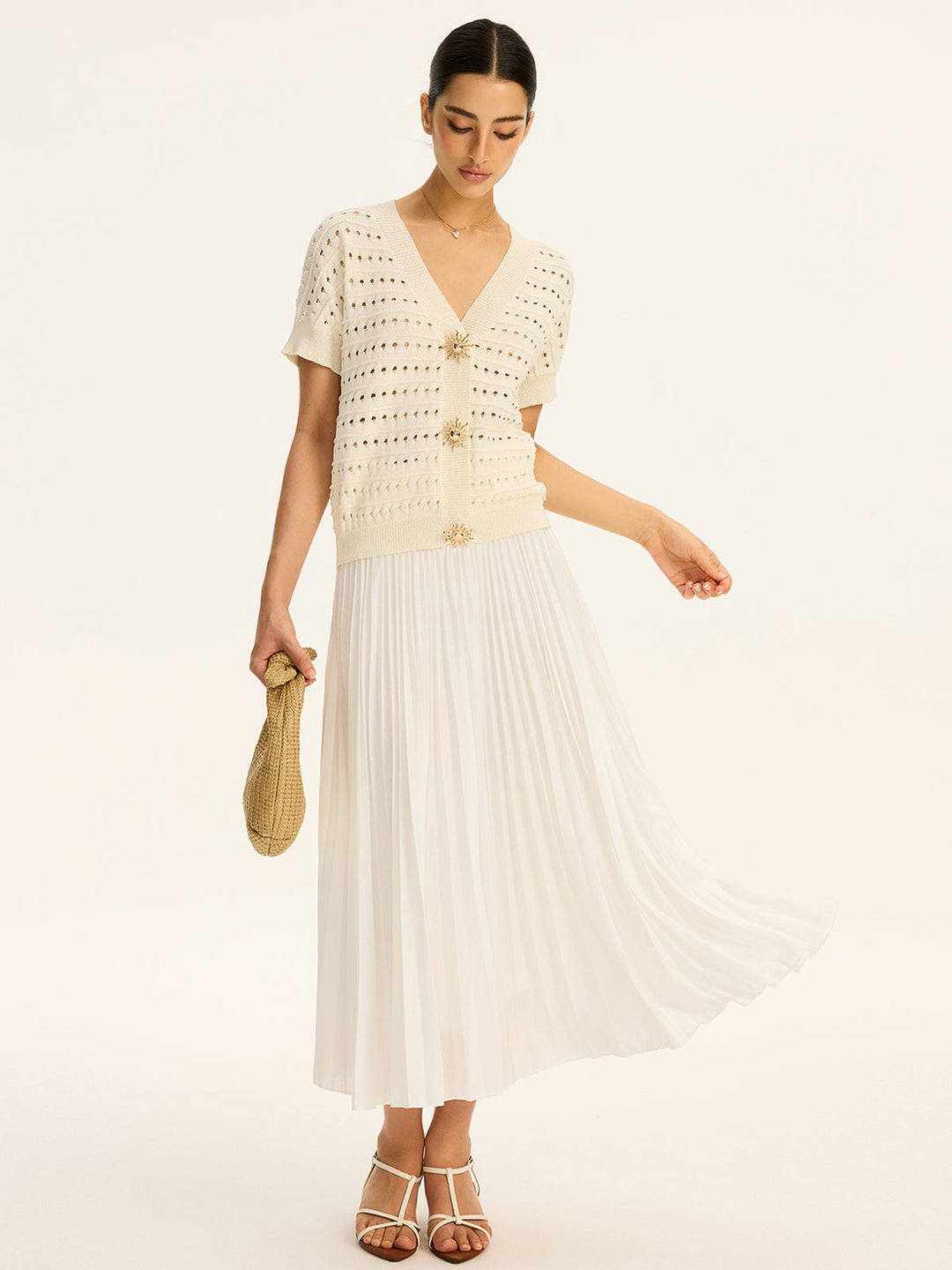 Eyelet Knit Metal Button V-Neck Cardigan  Liora Lane Boutique Knit Tops