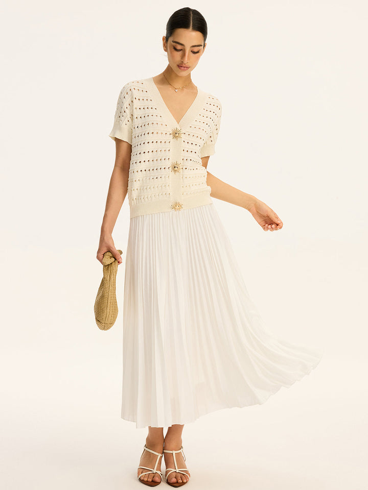 Eyelet Knit Metal Button V-Neck Cardigan  Liora Lane Boutique Knit Tops