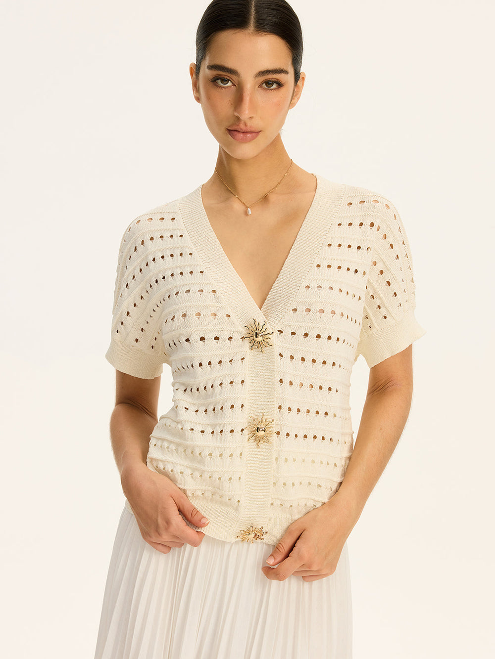 Eyelet Knit Metal Button V-Neck Cardigan  Liora Lane Boutique Knit Tops