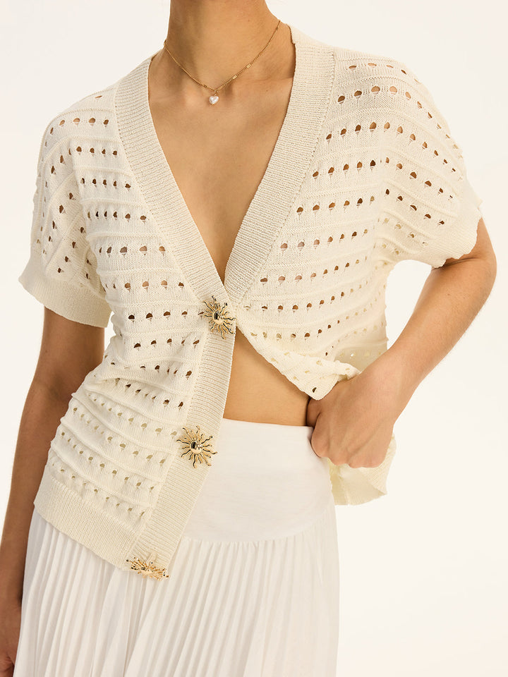 Eyelet Knit Metal Button V-Neck Cardigan  Liora Lane Boutique Knit Tops