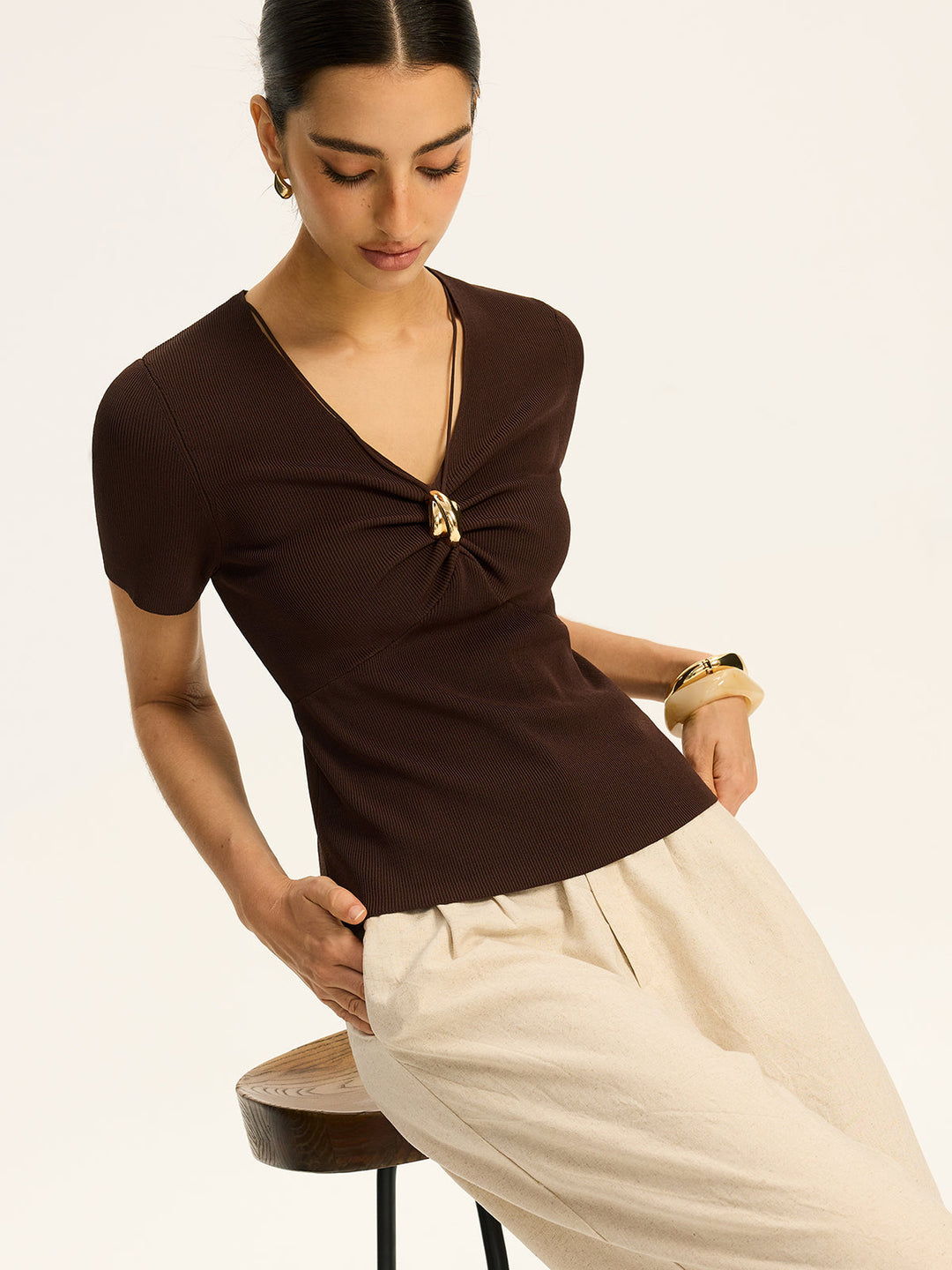 Metal Detail Ribbed Knit Top  Liora Lane Boutique Knit Tops Brown / XL 39.00