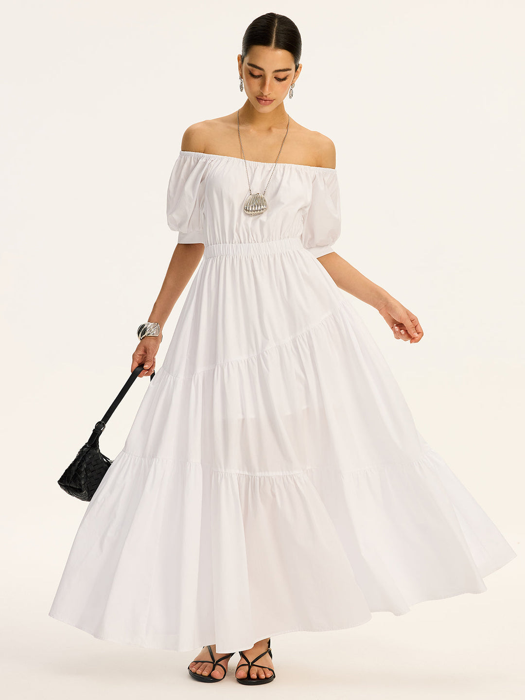 Cotton Off-Shoulder Short-Sleeve Maxi Dress  Liora Lane Boutique Dresses White / XL 65.00