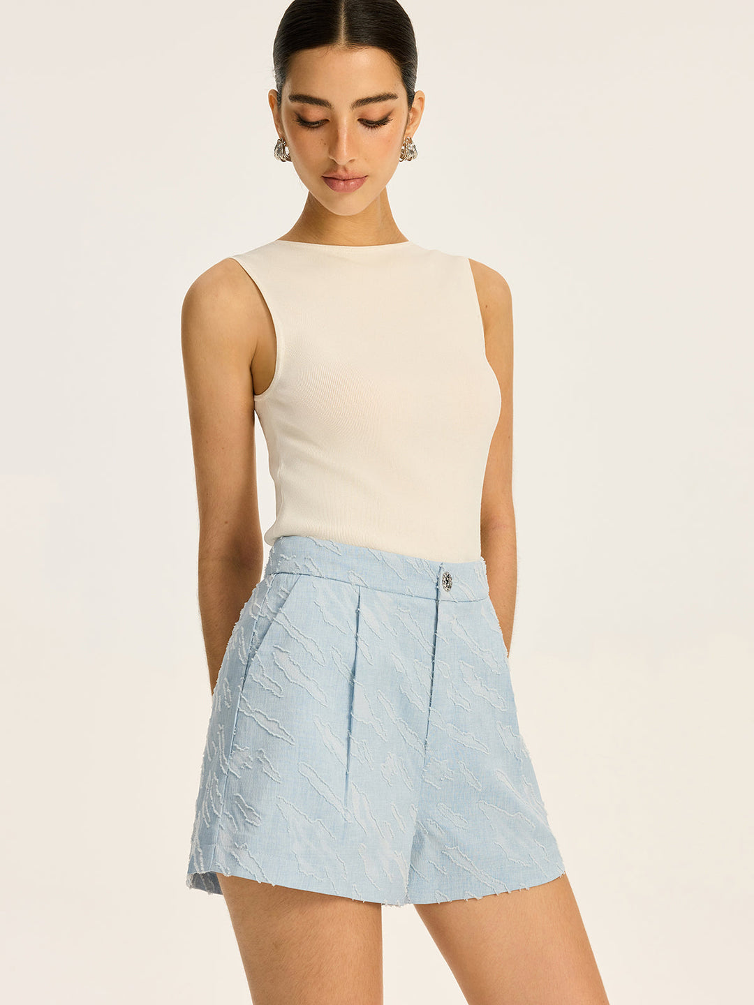 Textured Fabric Metal Button Mid-Waisted Shorts  Liora Lane Boutique Shorts