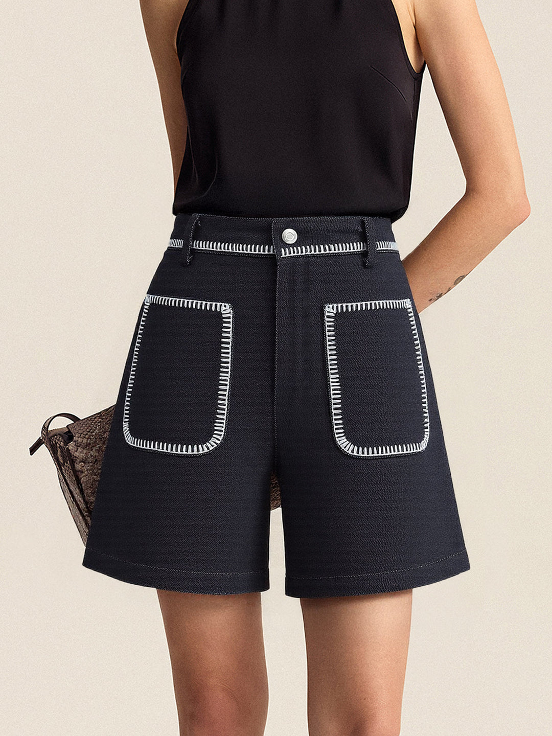 Contrast Trim Denim Shorts  Liora Lane Boutique Denim Shorts Black / XL 39.00
