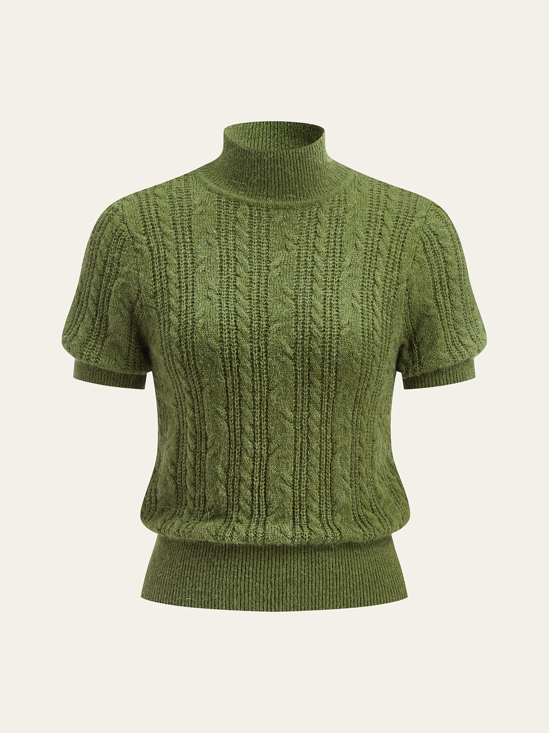 Cable-Knit Mock Neck Short-Sleeve Sweater Top  Liora Lane Boutique Knit Tops ArmyGreen / XL 38.00