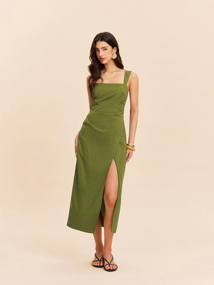 Cotton & Linen Slit Dress  Liora Lane Boutique Dresses Green / XL 56.00