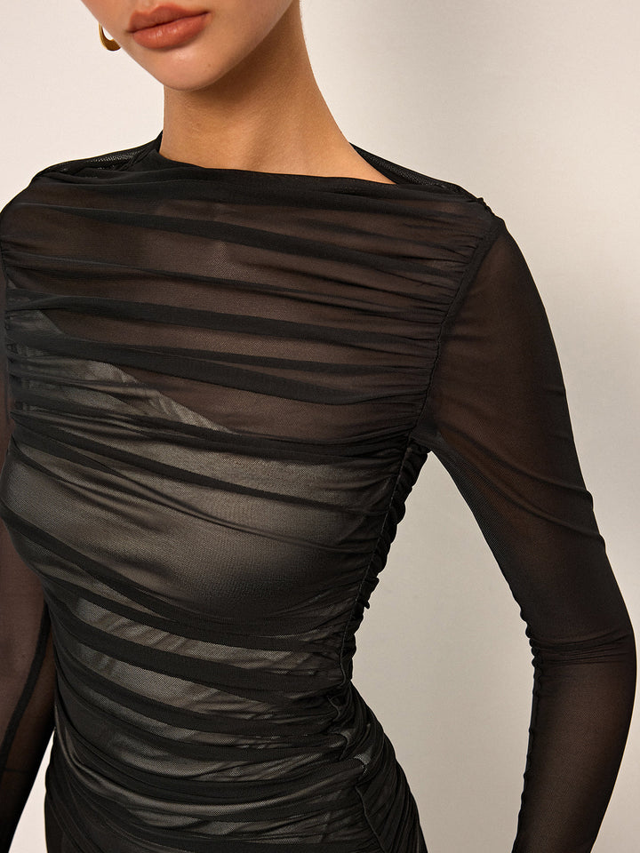 Sheer Mesh Ruched Long-Sleeve Top  Liora Lane Boutique T-Shirts