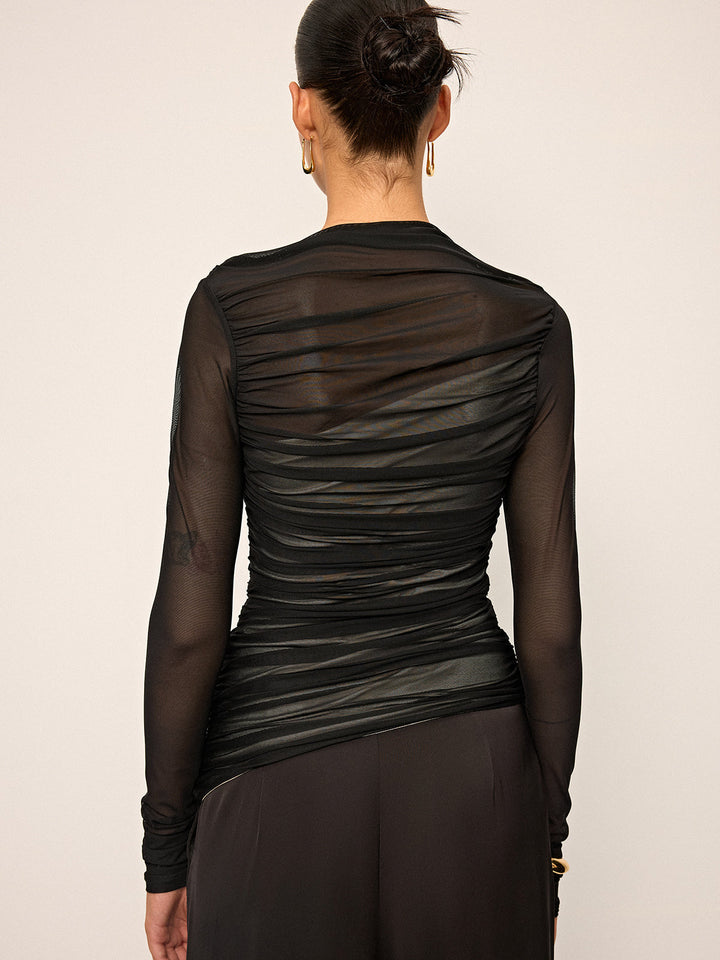 Sheer Mesh Ruched Long-Sleeve Top  Liora Lane Boutique T-Shirts