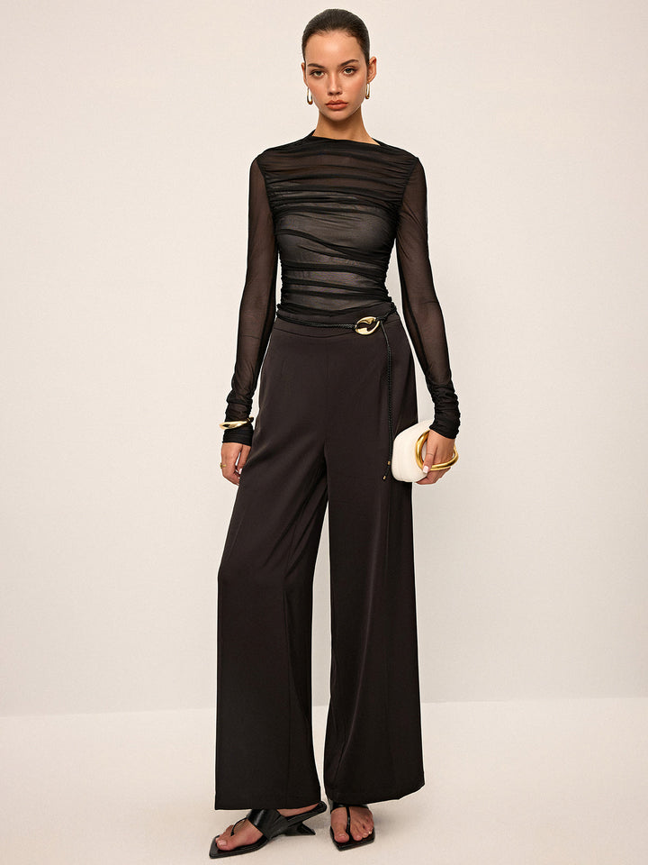 Sheer Mesh Ruched Long-Sleeve Top  Liora Lane Boutique T-Shirts