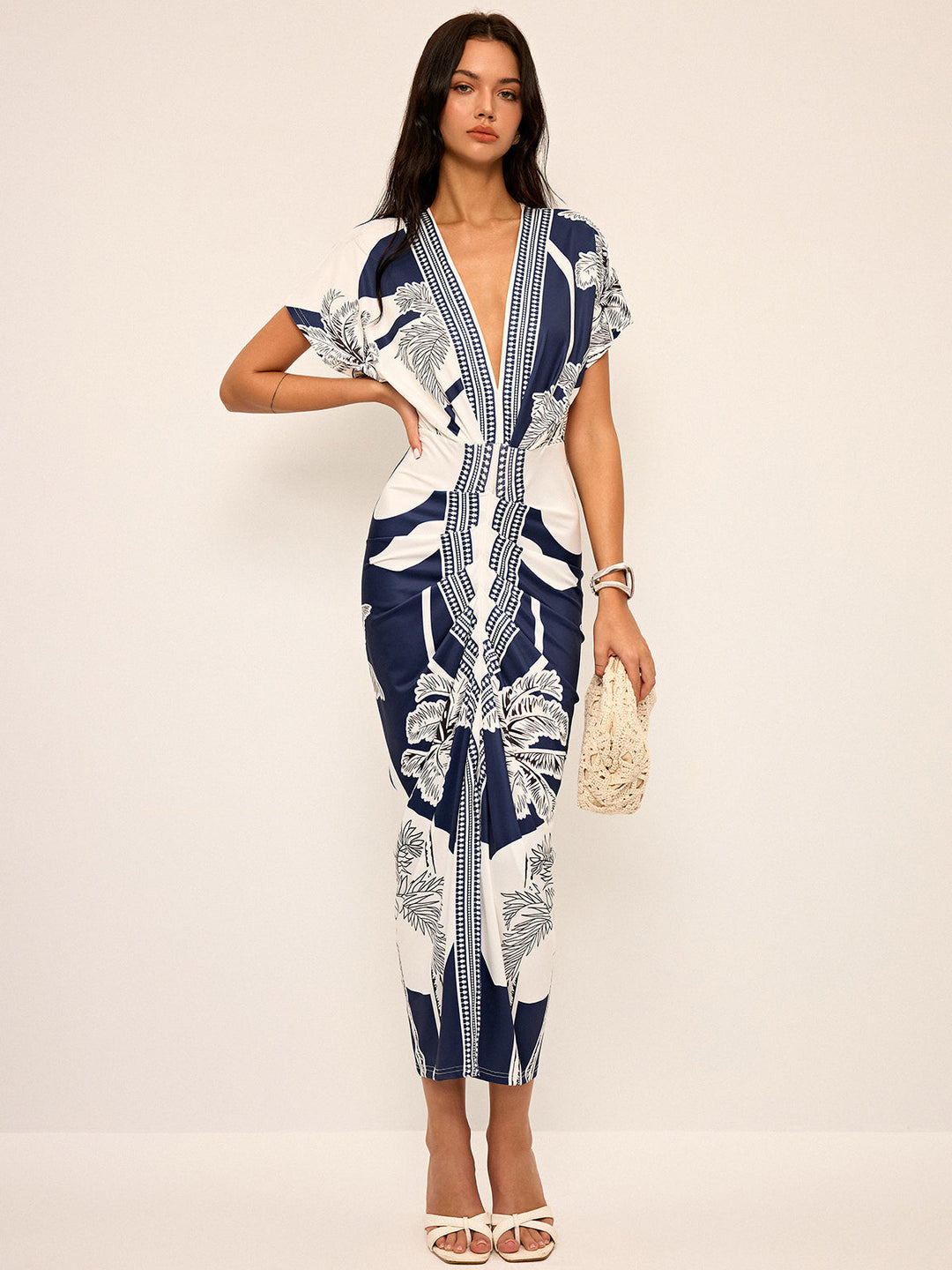 Printed Deep V-Neck Midi Dress Without Belt  Liora Lane Boutique Dresses Navy / XL 35.00