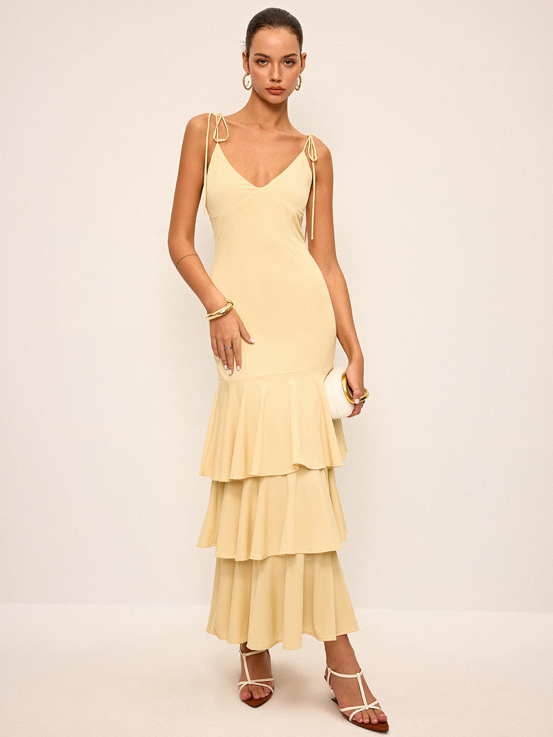 Tie-Strap Shoulder Tiered Maxi Dress  Liora Lane Boutique Dresses Yellow / XL 52.00