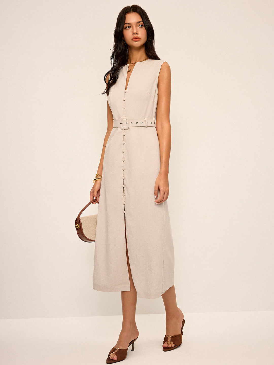 Cotton & Linen Blend V-Neck Belted Midi Dress  Liora Lane Boutique Dresses Apricot / XL 89.99