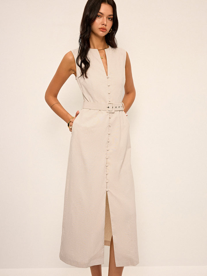 Cotton & Linen Blend V-Neck Belted Midi Dress  Liora Lane Boutique Dresses