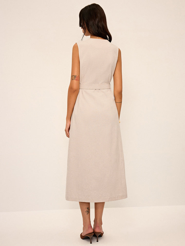 Cotton & Linen Blend V-Neck Belted Midi Dress  Liora Lane Boutique Dresses