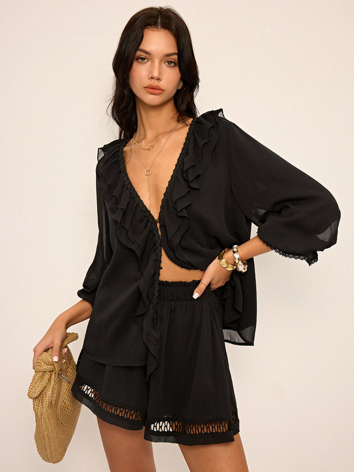 Ruffled Button Chiffon Top and Shorts Set  Liora Lane Boutique Short Sets Black / XL 64.00