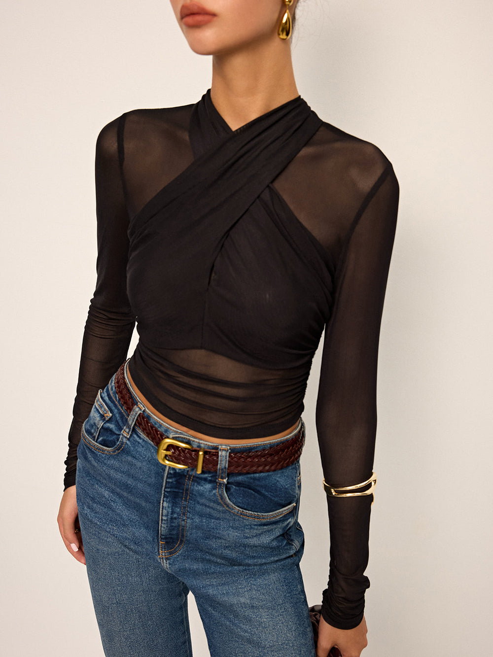 Semi-Sheer Mesh Cross-Front T-Shirt  Liora Lane Boutique T-Shirts