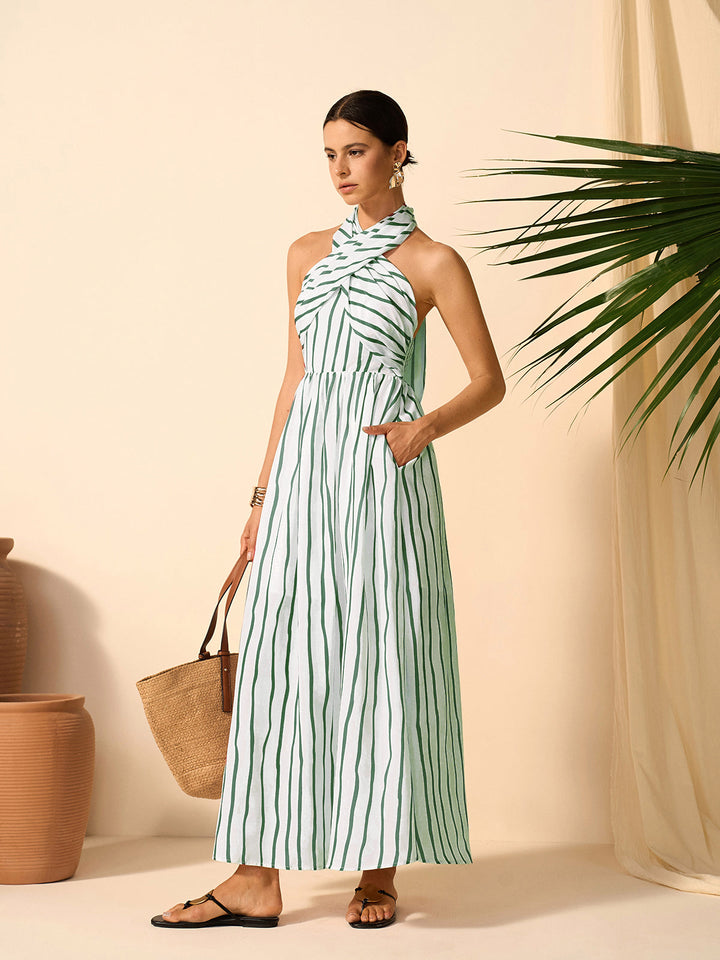 Striped Twist Halter Dress  Liora Lane Boutique Dresses Green / XL 84.99