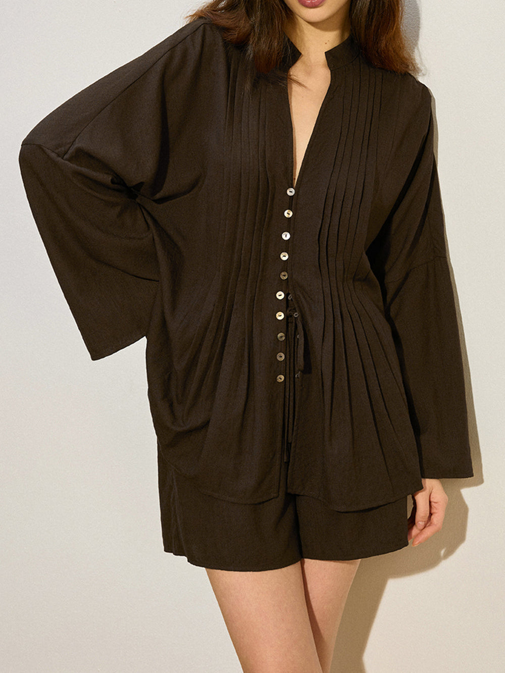Pleated Button-Front Shorts Set  Liora Lane Boutique Short Sets