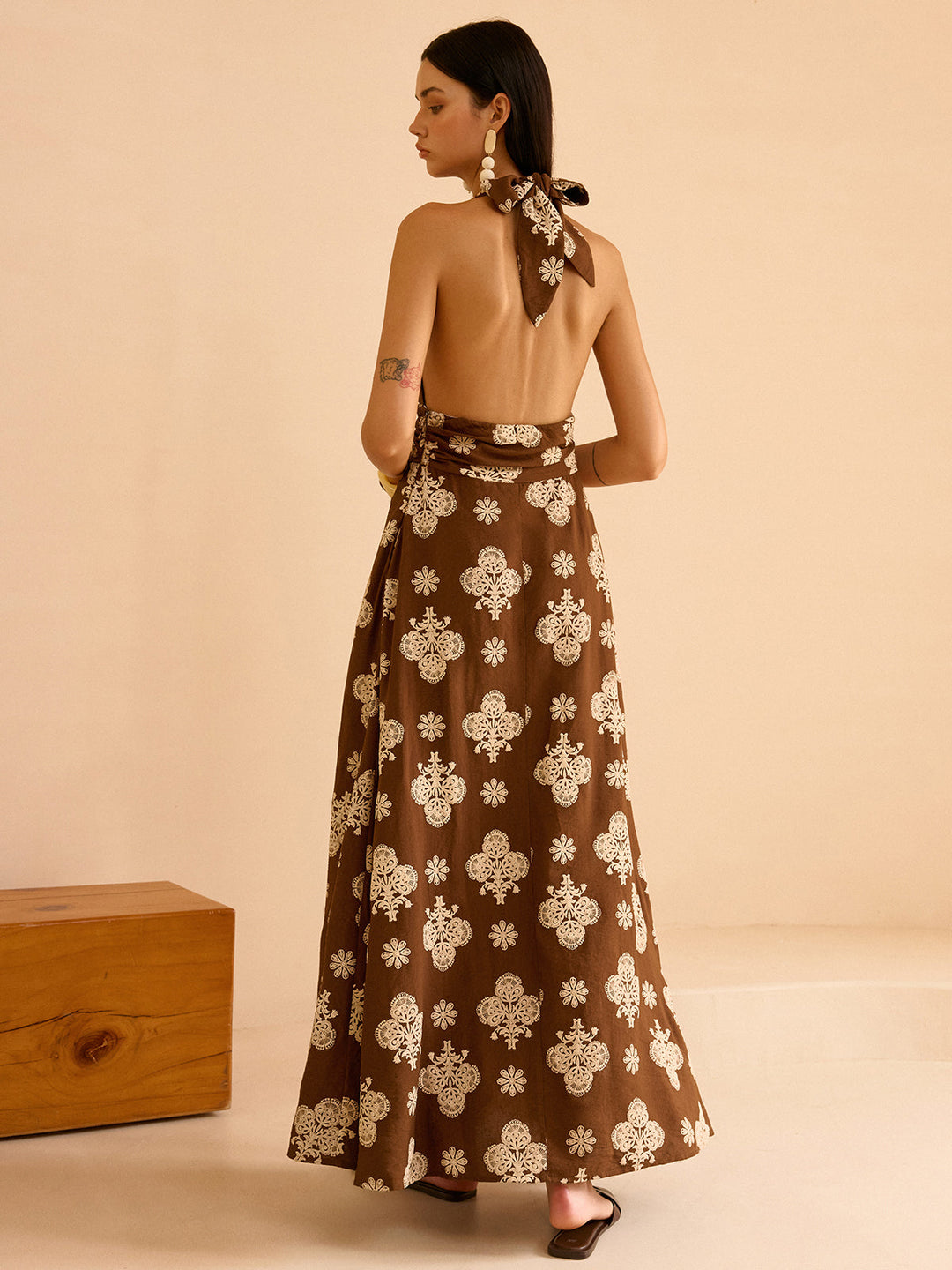 Floral Print Pocketed Halter Neck Maxi Dress  Liora Lane Boutique Dresses Dark Brown / XL 94.99