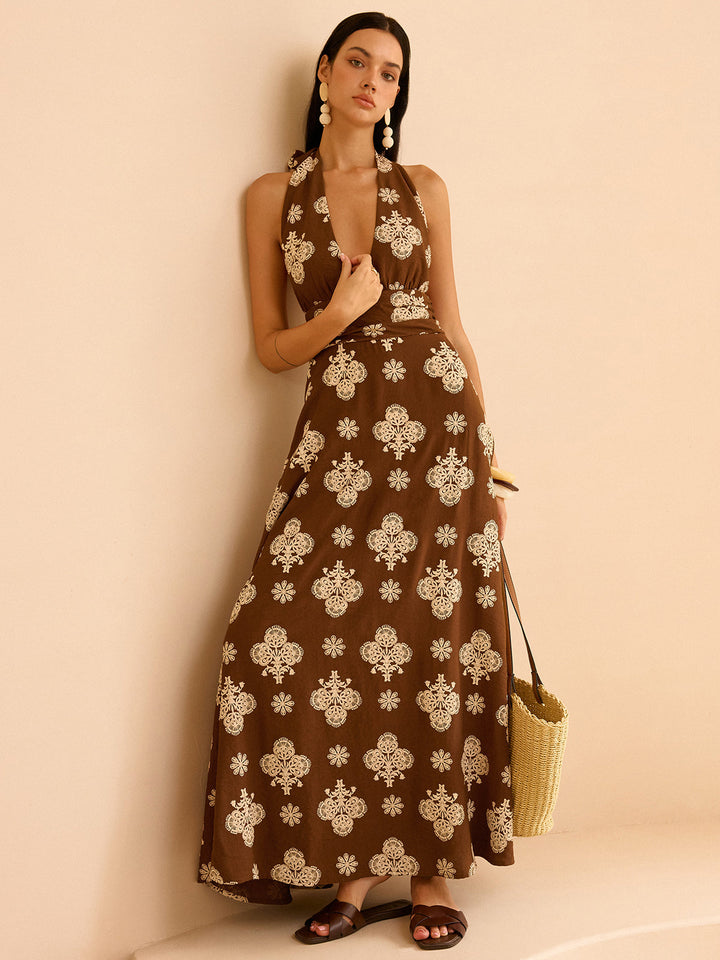 Floral Print Pocketed Halter Neck Maxi Dress  Liora Lane Boutique Dresses