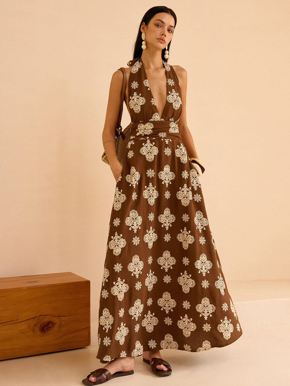 Floral Print Pocketed Halter Neck Maxi Dress  Liora Lane Boutique Dresses