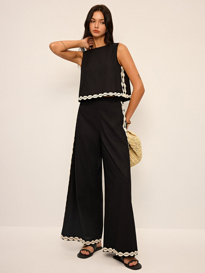 Cotton & Linen Contrast Trim Pants Set  Liora Lane Boutique Pant Sets