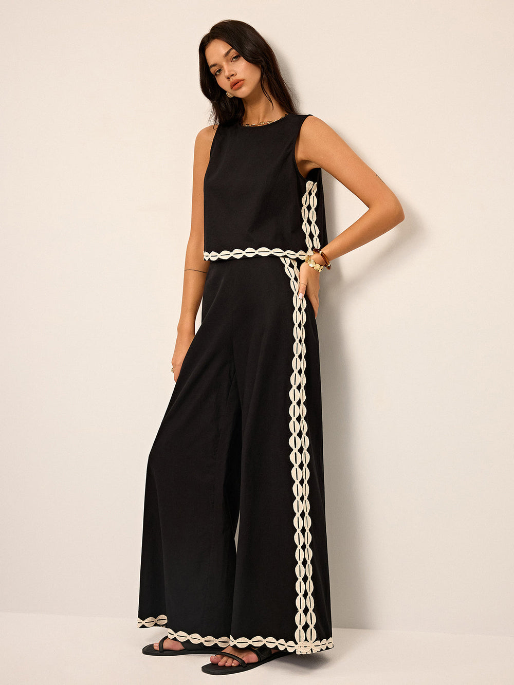 Cotton & Linen Contrast Trim Pants Set  Liora Lane Boutique Pant Sets