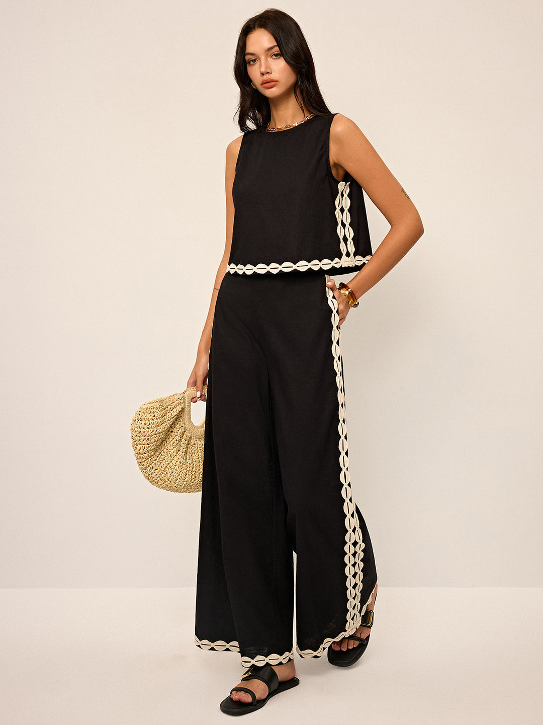 Cotton & Linen Contrast Trim Pants Set  Liora Lane Boutique Pant Sets Black / XL 198.99