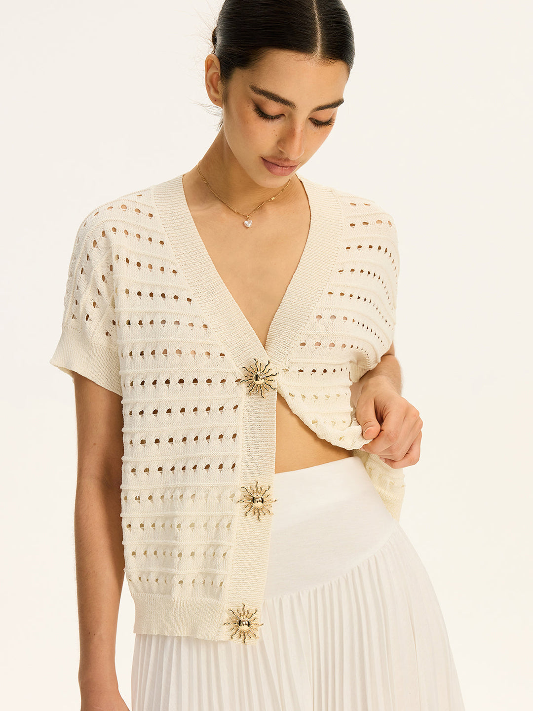 Eyelet Knit Metal Button V-Neck Cardigan  Liora Lane Boutique Knit Tops Off-White / XL 32.00