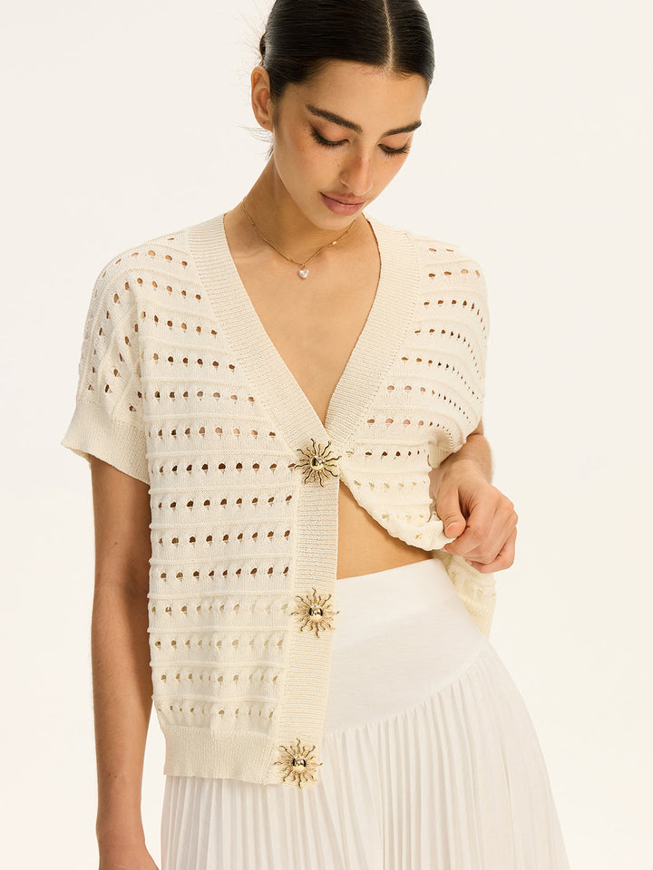 Eyelet Knit Metal Button V-Neck Cardigan  Liora Lane Boutique Knit Tops Off-White / XL 32.00