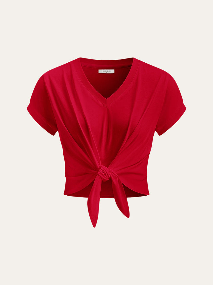 Knot Front V-Neck T-Shirt  Liora Lane Boutique T-Shirts Red / XL 24.00