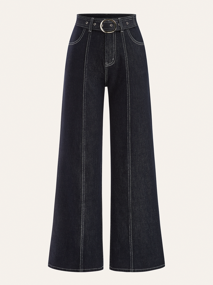 Denim Contrast-Stitch Pants with Belt  Liora Lane Boutique Jeans