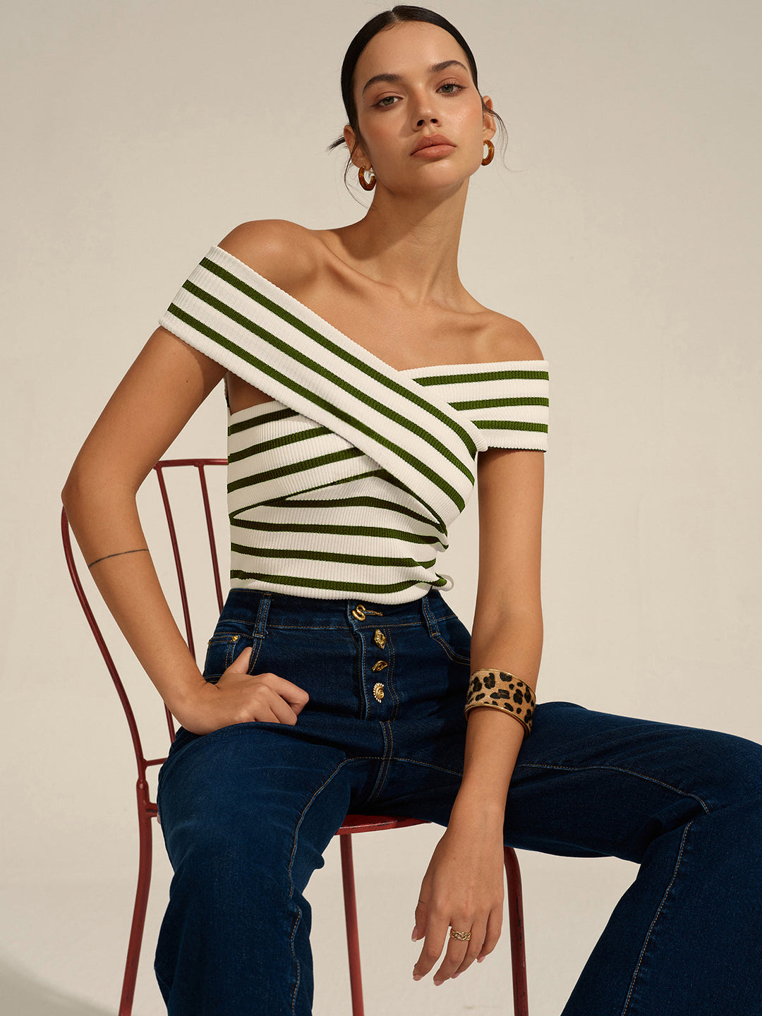 Striped Off-Shoulder Cross Knit Top  Liora Lane Boutique Knit Tops Green / XL 39.00