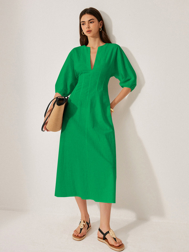 Cotton & Linen Puff Sleeve Dress Without Belt  Liora Lane Boutique Dresses Green / XL 49.00
