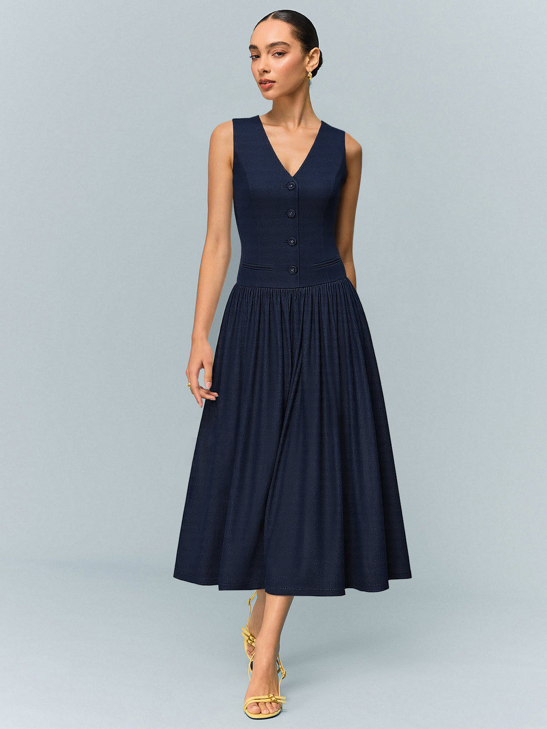 Denim V-Neck Ruched Midi Dress  Liora Lane Boutique Denim Dresses Blue / XL 89.99