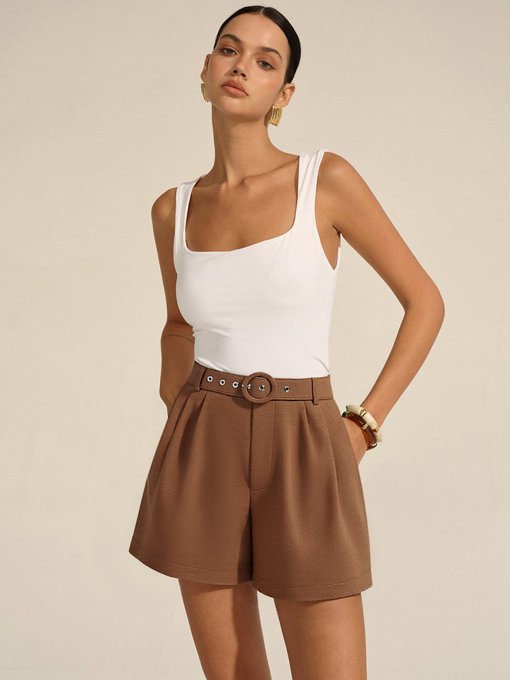 Belted Mid-Waisted Shorts  Liora Lane Boutique Shorts Light Brown / XL 29.00