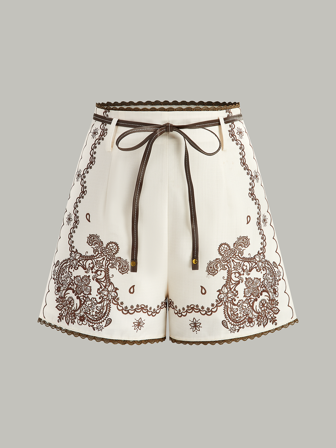 Floral Printed Suit Shorts with Lace Trims and Belt  Liora Lane Boutique Shorts Off-White / XL 34.00