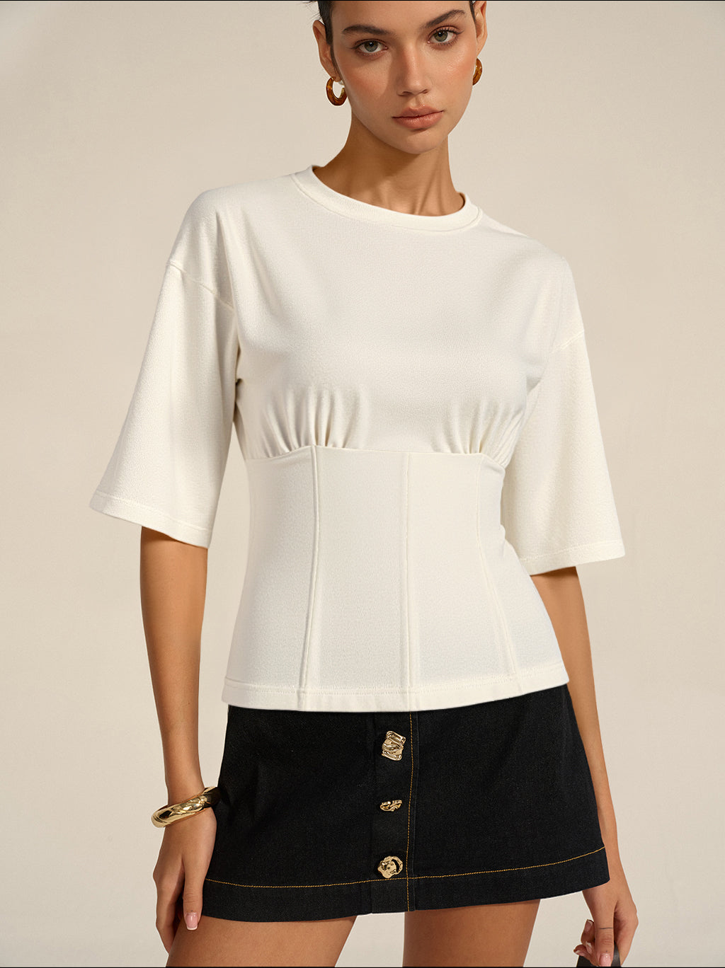 Cinched Waist Half Sleeve Top  Liora Lane Boutique T-Shirts White / XL 24.00