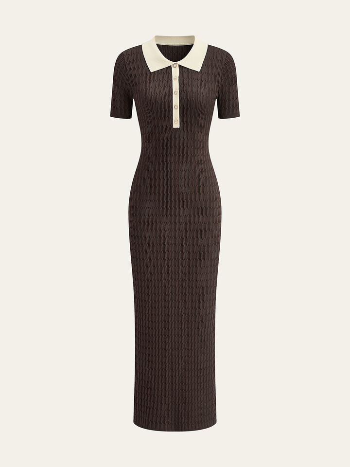 Contrast Collar Cable-Knit Midi Dress  Liora Lane Boutique Sweater Dresses Dark Brown / XL 142.99