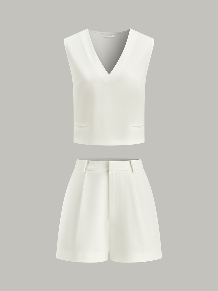 V-Neck Pocketed Top and Pleated Shorts Set  Liora Lane Boutique Short Sets White / XL 52.00
