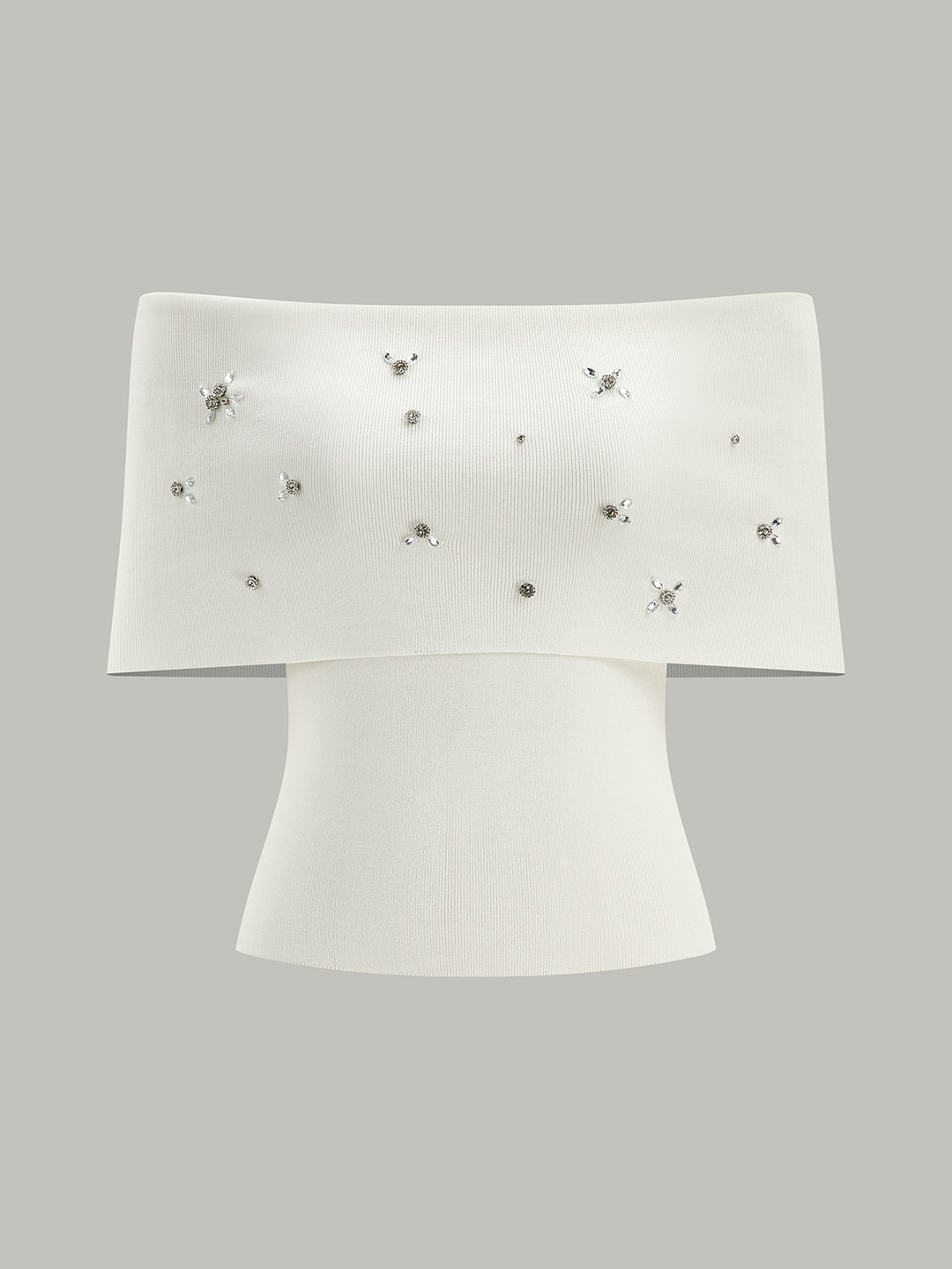 Off-Shoulder Knit Top with Crystal Embellishments  Liora Lane Boutique Knit Tops White / XL 84.99