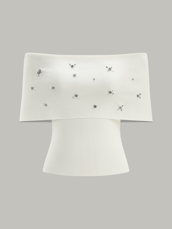 Off-Shoulder Knit Top with Crystal Embellishments  Liora Lane Boutique Knit Tops White / XL 84.99