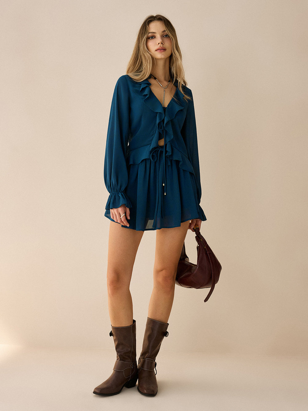 Chiffon Ruffled Long-Sleeve Top and Shorts Set  Liora Lane Boutique Short Sets