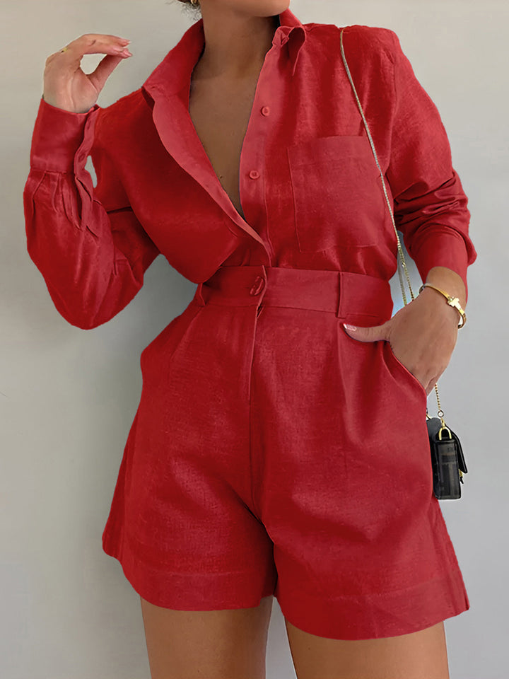 Long Sleeve Loose Shorts Set  Liora Lane Boutique Short Sets Red / XL 59.00