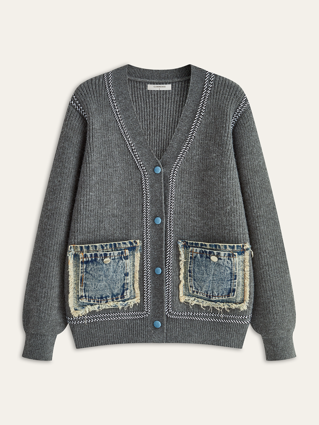 Contrast Trim Denim Panel Cardigan  Liora Lane Boutique Cardigans Grey / XL 69.00