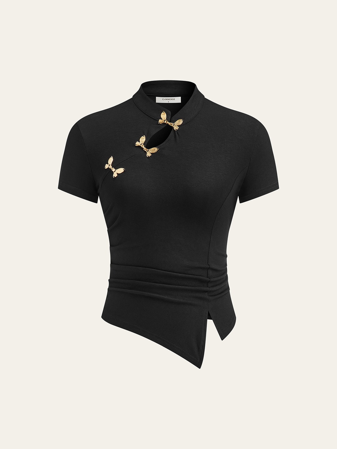 Metal Butterfly Detail Asymmetric Ruched Top  Liora Lane Boutique T-Shirts Black / XL 28.00