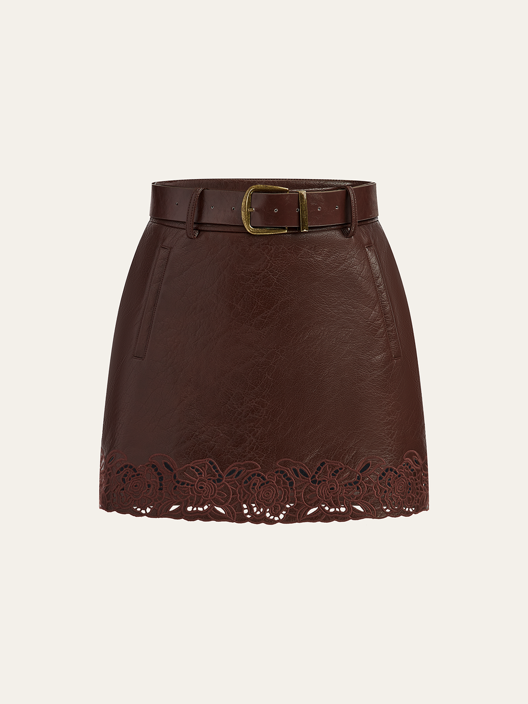 Jacquard Trim PU Leather Mini Skirt with Belt  Liora Lane Boutique Skirts Brown / XL 58.00