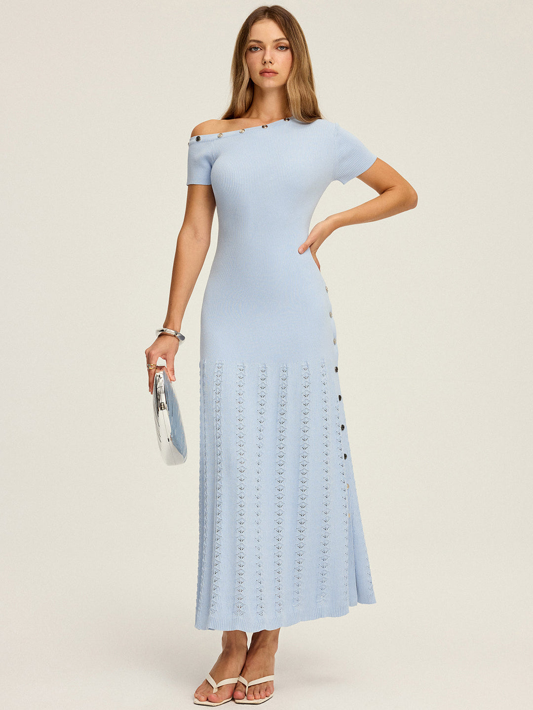 One-Shoulder Button Detail Knit Maxi Dress  Liora Lane Boutique Sweater Dresses Blue / XL 188.99